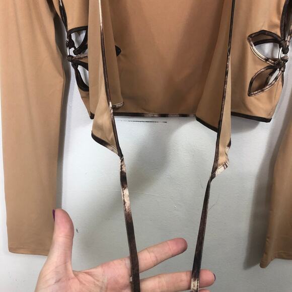I AM GIA Renalee Floral Cutout Wrap Top Large Flare Pants Medium Set Tan - Picture 6 of 13